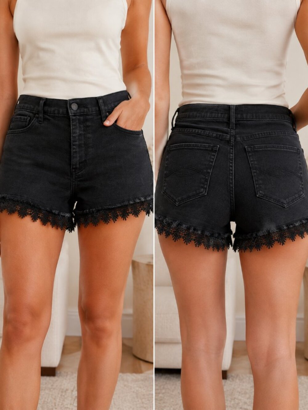 Abercrombie Black Lace Trim Denim Shorts Sz US 4 (W27)